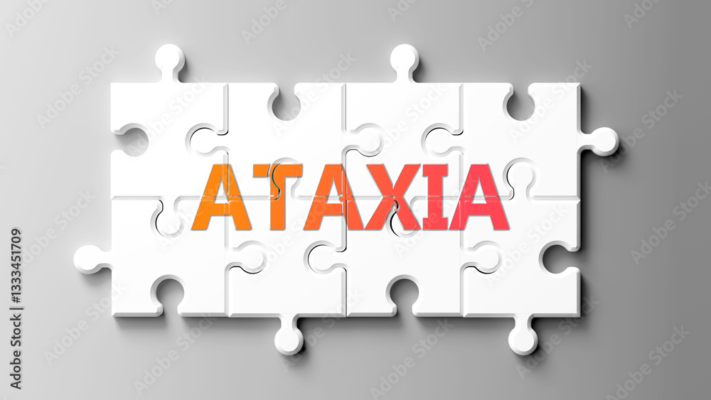Aufkleber Ataxia complex like a puzzle - pictured as word ataxia on a puzzle pieces to show that ataxia is complex and needs cooperating pieces that fit together. ,3d illustration