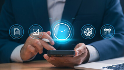 Time Management and Business Productivity Concept with Clock, Calendar, Goal Setting, Checklist,...