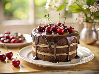 Tasty chocolate layer cake with ganache and cherry topping. Delicious food background