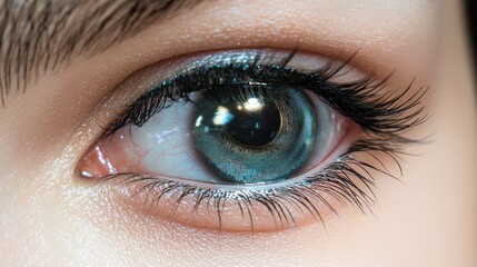 Stunning Close-Up of a Captivating Teal Eye with  Intricate Eyelashes and  Subtle Makeup