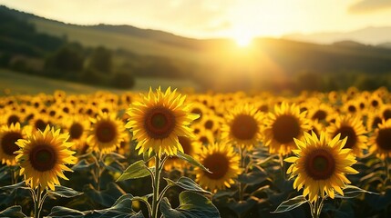 Fototapeta premium Beautiful Field of Blooming Sunflowers Under Golden Sunlight