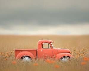 Vintage Truck for Golden Field, Stormy Sky.