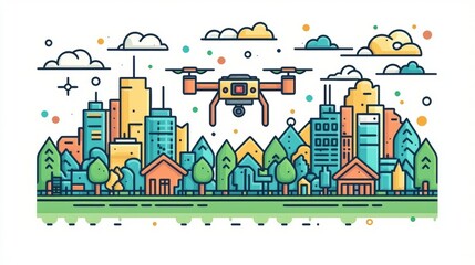 Naklejka premium Colorful Urban Landscape with Drone Flying Over Buildings and Trees in Contemporary Style