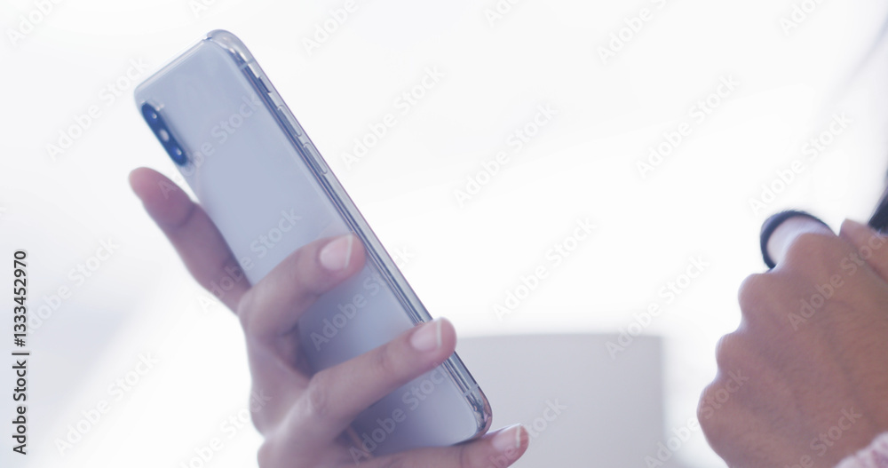 Aufkleber phone, typing and hand of woman in home with online chat, schedule or social media search. smartphon
