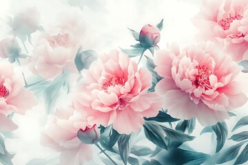 Watercolor Pink Peonies Illustration – Lush Blooming Flowers with Green Leaves