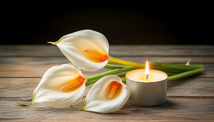 White Calla Lilies for Candle, Wooden Table. (1)
