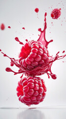 Juicy raspberries splashing with fresh raspberry juice on a clean white backdrop captured in stunning food photography with crisp details  Stock Photo Image Fruits Presentation