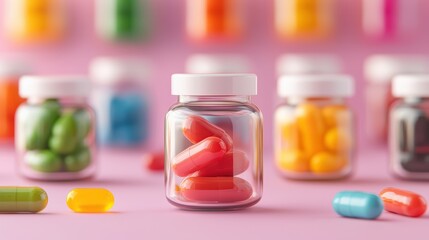 Colorful capsules in glass jars on a pink background