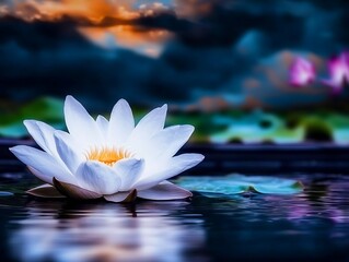 White Lotus Blossom for Calm Pond Sunset.