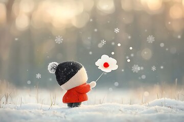 Winter Child Holds Snow Flower.