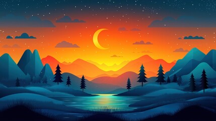 Naklejka premium Serene Sunset Over Tranquil Lake with Mountains and Starry Sky in Vibrant Colors