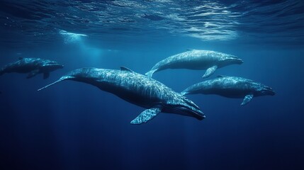 Fototapeta premium Four Majestic Whales Swimming Gracefully in the Ocean Blue Depths