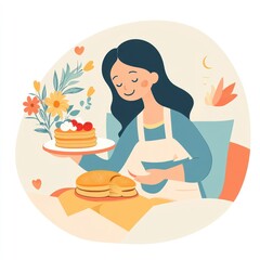 Woman Serving Pancakes Breakfast in Bed with Flowers Cartoon Illustration