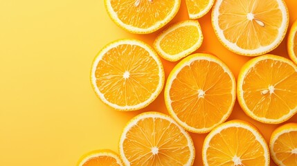 Obraz premium Freshly sliced oranges on a vibrant yellow background