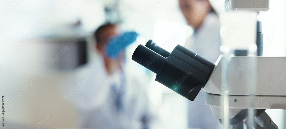 Poster Medical, microscope and science with technology in laboratory for forensic study of DNA sample. Development, healthcare and pharmaceuticals with people in research facility with innovation tech