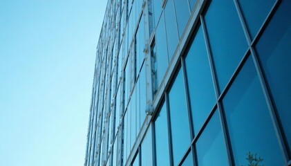Obraz premium Modern office building exterior with reflective glass windows against clear blue sky, modern, skyline, windows