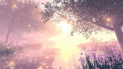 Serene Sunrise over Misty River and Blooming Meadow