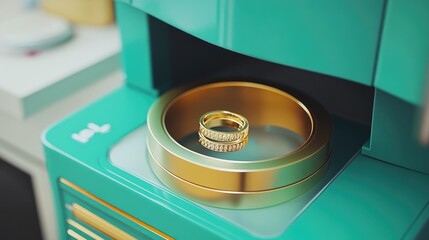 Fototapeta premium A close-up of an ultrasonic jewelry cleaning machine processing delicate gold rings on a vibrant teal background.