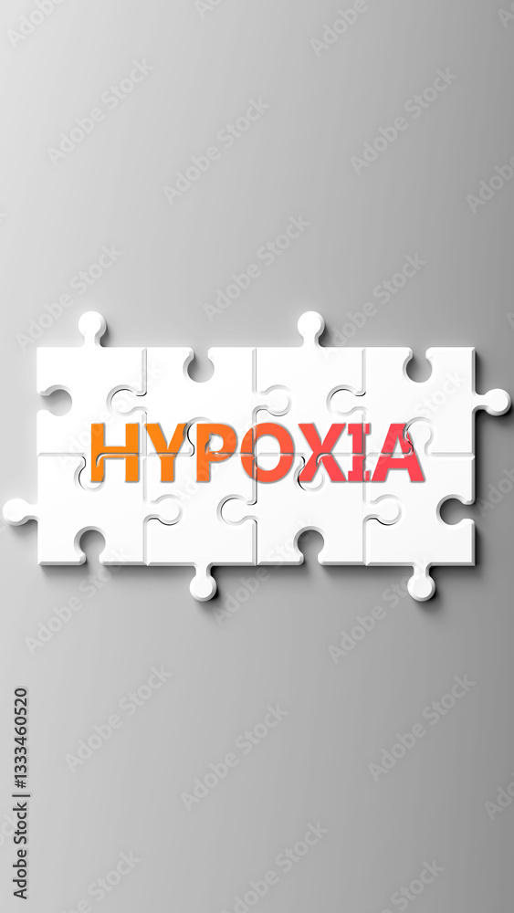 Poster Hypoxia complex like a puzzle - pictured as word hypoxia on a puzzle pieces to show that hypoxia is complex and needs cooperating pieces that fit together. ,3d illustration