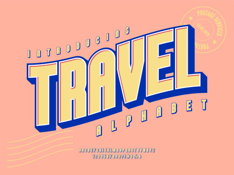 A vector retro travel style of alphabet design with uppercase, numbers and symbols