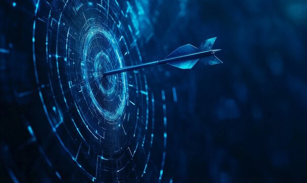 Digital target, arrow hitting bullseye, technology background, success visualization