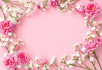 Fototapeta premium Pastel pink background, square photo frame, white & pink gypsophila & carnations, elegant, template