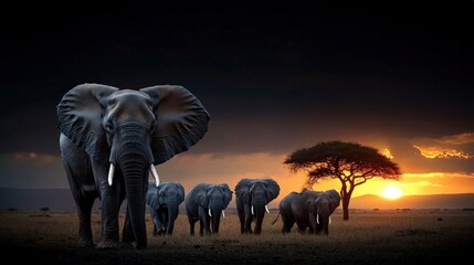 Fototapeta premium Majestic Elephant Herd Sunset Savanna African Wildlife Photography