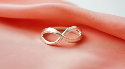 A delicate silver infinity ring with a smooth finish, placed elegantly on a soft coral pink surface.