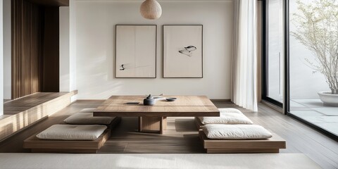 A minimalist Japanese interior featuring low seating and artwork