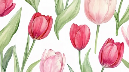 Obraz premium Watercolor Floral Seamless Pattern of Tulips and Green Leaves