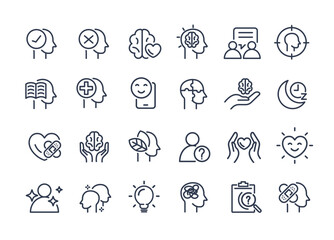 Mental health icons and symbols. containing depression, bipolar, panic, mind disorder, wellness, wellbeing, mental health and healthcare. icons used in clinic or hospital. vector design.