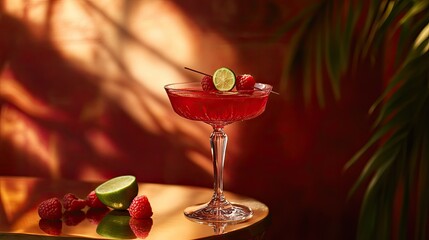 A luxurious red cocktail served in a stemmed glass, adorned with raspberries and lime, with a blurred elegant background.
