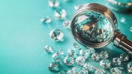 A detailed view of a jeweler's loupe and scattered loose diamonds against a soft teal background.