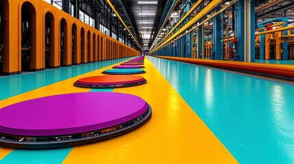Vibrant Indoor Space with Colorful Circular Platforms and Reflected Light on Aqua Floor