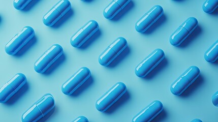 A macro shot of bright blue pharmaceutical capsules neatly arranged in a row on a sterile background