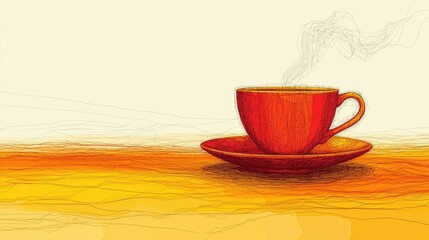 Obraz premium Vibrant Red Coffee Cup on a Orange Abstract Background with Steam Rising in Artistic Style