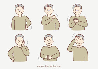 身体が痛い男性シニアのイラストセット