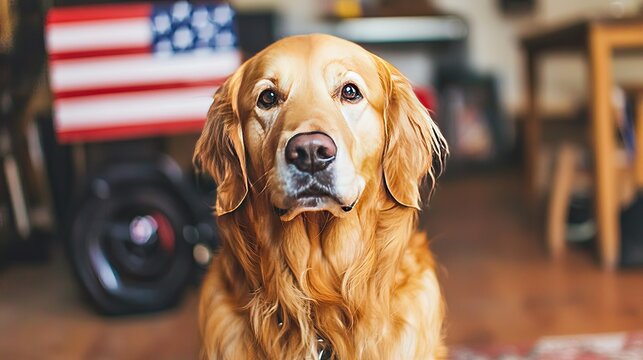 A majestic golden retriever sits proudly in front of an American flag, symbolizing loyalty, freedom, and patriotism for Memorial Day and Veterans Day