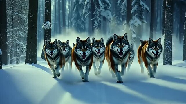 A pack of wolves running through a snowy forest, illuminated by sunlight.