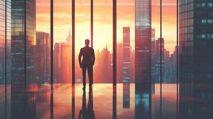 Fototapeta premium Businessman Contemplates City Skyline at Sunset
