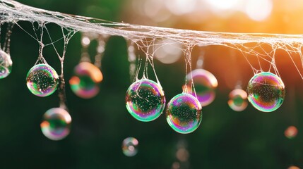 Sparkling Soap Bubbles Adorn Gossamer Spiderweb  Nature Photography