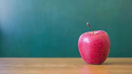 Red apple on desk, green chalkboard background; education concept (1)