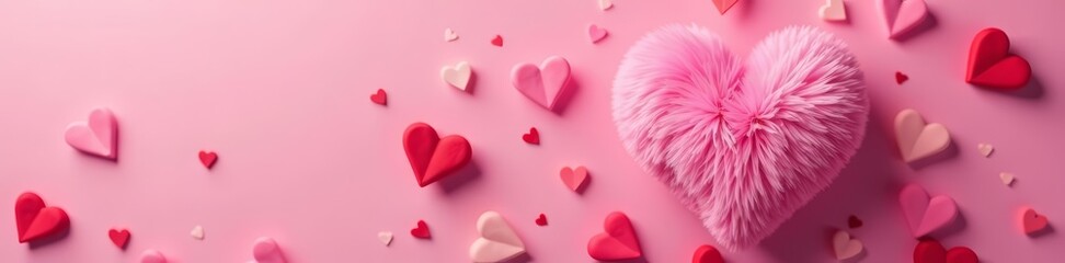 Fluffy pink heart with shaggy texture, romantic Valentine's Day love symbol, fluffy, isolated, heart