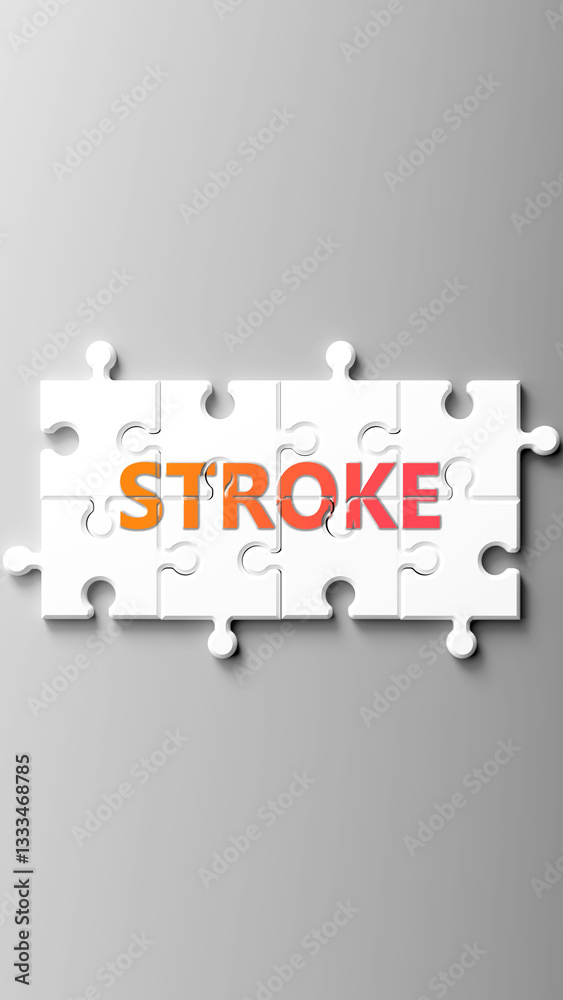 Aufkleber Stroke complex like a puzzle - pictured as word stroke on a puzzle pieces to show that stroke is complex and needs cooperating pieces that fit together. ,3d illustration