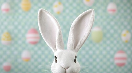 Fototapeta premium Adorable Easter Bunny Close up White Rabbit Ears Pastel Eggs Background