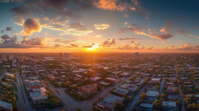 A panoramic aerial shot of Tampa Bay City at sunset, highlighting its glowing skyline and historic Ybor City district