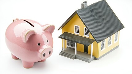 A piggy bank alongside a model house on a clean white background, representing financial stability.