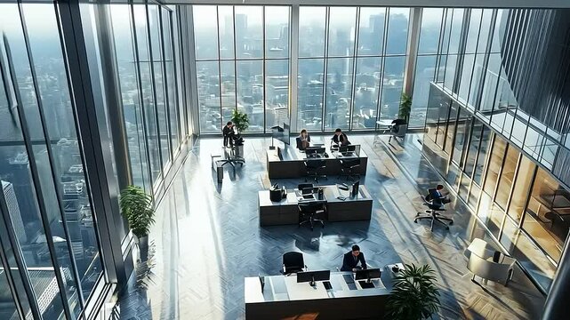 An elevated view showcasing modern office space with employees and a panoramic city landscape.