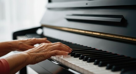 Fototapeta premium An elderly person's hands play the piano. The close-up view highlights the fingers gracefully touching the keys. The scene is bright and serene, capturing musical artistry.