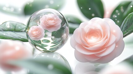 Pink Camellia flowers in glass sphere, lush leaves background.  Beauty, skincare, product ad